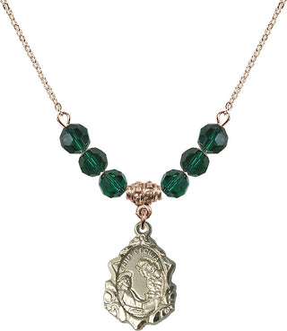 18" Hamilton Gold Plated Necklace with 4mm Emerald Crystal Beads featuring a 14kt Gold Filled Saint Cecilia Medal. Engraved Catholic Saint Jewelry