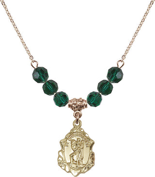 18" Hamilton Gold Plated Necklace with 4mm Emerald Crystal Beads featuring a 14kt Gold Filled Saint Christopher Medal. Engraved Catholic Saint Jewelry