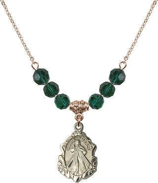 18" Hamilton Gold Plated Necklace with 4mm Emerald Crystal Beads featuring a 14kt Gold Filled Divine Mercy Medal. Engraved Catholic Saint Jewelry