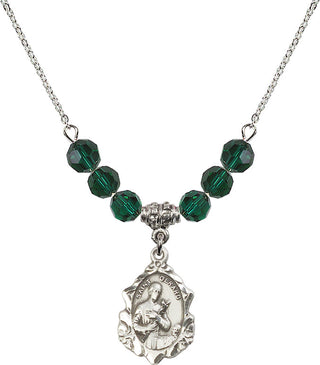 18" Rhodium Plated Necklace with 4mm Emerald Crystal Beads featuring a Sterling Silver Saint Gerard Medal. Engraved Catholic Saint Jewelry