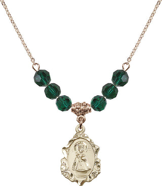 18" Hamilton Gold Plated Necklace with 4mm Emerald Crystal Beads featuring a 14kt Gold Filled Infant of Prague Medal. Engraved Catholic Saint Jewelry
