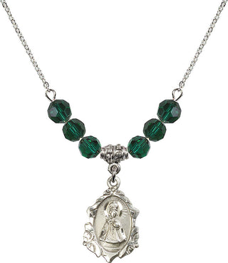 18" Rhodium Plated Necklace with 4mm Emerald Crystal Beads featuring a Sterling Silver Infant of Prague Medal. Engraved Catholic Saint Jewelry