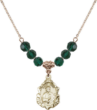 18" Hamilton Gold Plated Necklace with 4mm Emerald Crystal Beads featuring a 14kt Gold Filled Saint Jude Medal. Engraved Catholic Saint Jewelry