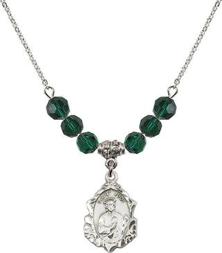 18" Rhodium Plated Necklace with 4mm Emerald Crystal Beads featuring a Sterling Silver Saint Jude Medal. Engraved Catholic Saint Jewelry