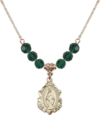 18" Hamilton Gold Plated Necklace with 4mm Emerald Crystal Beads featuring a 14kt Gold Filled Miraculous Medal. Engraved Catholic Saint Jewelry