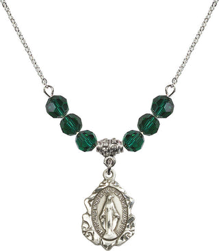 18" Rhodium Plated Necklace with 4mm Emerald Crystal Beads featuring a Sterling Silver Miraculous Medal. Engraved Catholic Saint Jewelry