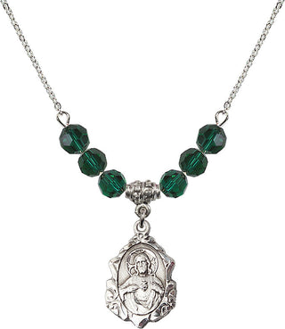 18" Rhodium Plated Necklace with 4mm Emerald Crystal Beads featuring a Sterling Silver Scapular Medal.