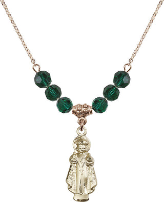 18" Hamilton Gold Plated Necklace with 4mm Emerald Crystal Beads featuring a 14kt Gold Filled Infant of Prague Medal.