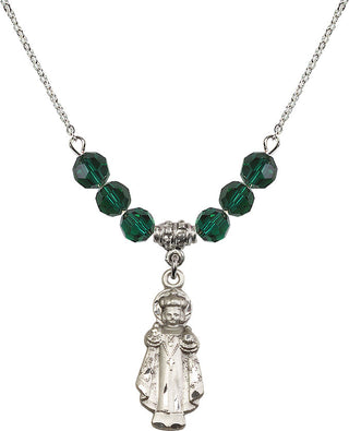 18" Rhodium Plated Necklace with 4mm Emerald Crystal Beads featuring a Sterling Silver Infant of Prague Medal.