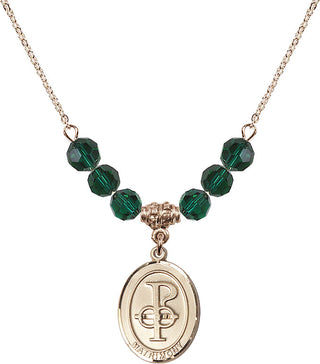 18" Hamilton Gold Plated Necklace with 4mm Emerald Crystal Beads featuring a 14kt Gold Filled Matrimony Medal.