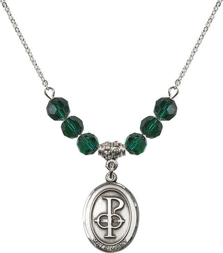 18" Rhodium Plated Necklace with 4mm Emerald Crystal Beads featuring a Sterling Silver Matrimony Medal.