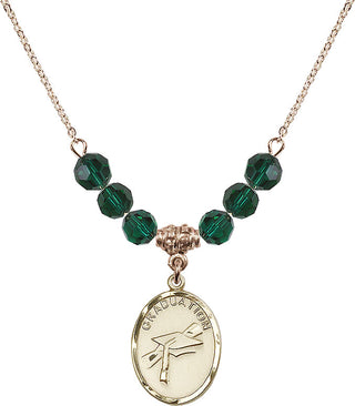18" Hamilton Gold Plated Necklace with 4mm Emerald Crystal Beads featuring a 14kt Gold Filled Graduation Medal.