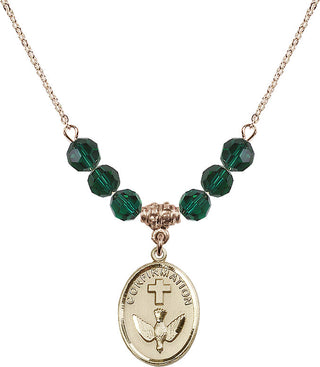 18" Hamilton Gold Plated Necklace with 4mm Emerald Crystal Beads featuring a 14kt Gold Filled Confirmation Medal.