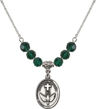 18" Rhodium Plated Necklace with 4mm Emerald Crystal Beads featuring a Sterling Silver Confirmation Medal.