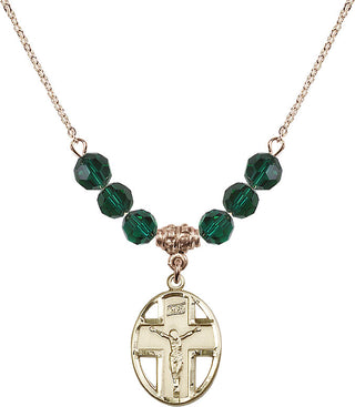 18" Hamilton Gold Plated Necklace with 4mm Emerald Crystal Beads featuring a 14kt Gold Filled Crucifix Medal.