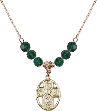 18" Hamilton Gold Plated Necklace with 4mm Emerald Crystal Beads featuring a 14kt Gold Filled 5-Way / Holy Spirit Medal.