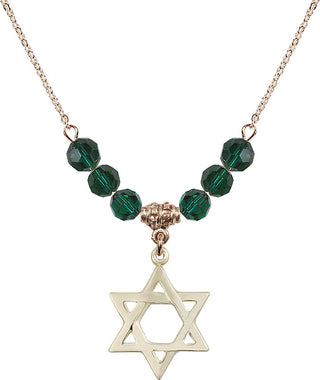 18" Hamilton Gold Plated Necklace with 4mm Emerald Crystal Beads featuring a 14kt Gold Filled Star of David Medal.