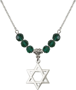 18" Rhodium Plated Necklace with 4mm Emerald Crystal Beads featuring a Sterling Silver Star of David Medal.