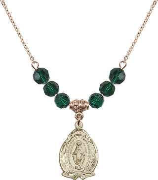 18" Hamilton Gold Plated Necklace with 4mm Emerald Crystal Beads featuring a 14kt Gold Filled Miraculous Medal.