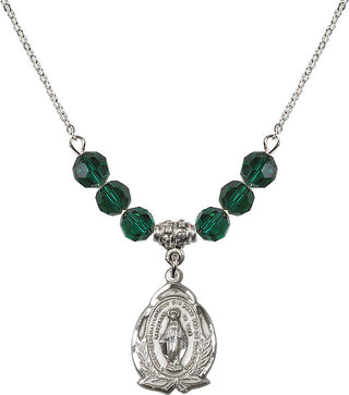 18" Rhodium Plated Necklace with 4mm Emerald Crystal Beads featuring a Sterling Silver Miraculous Medal.