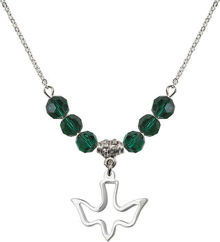 18" Rhodium Plated Necklace with 4mm Emerald Crystal Beads featuring a Sterling Silver Holy Spirit Medal.
