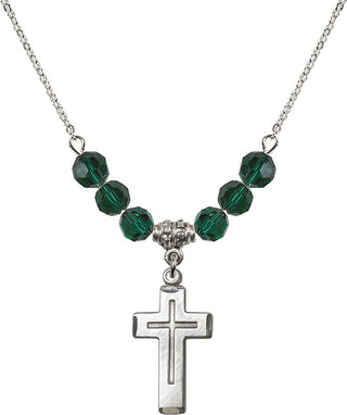 18" Rhodium Plated Necklace with 4mm Emerald Crystal Beads featuring a Sterling Silver Cross Medal.