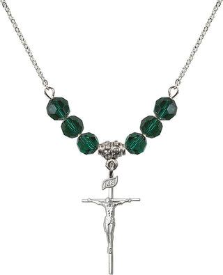 18" Rhodium Plated Necklace with 4mm Emerald Crystal Beads featuring a Sterling Silver Crucifix Medal.