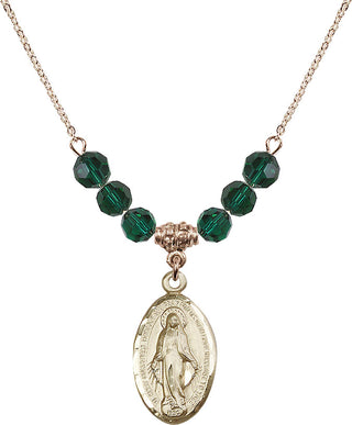 18" Hamilton Gold Plated Necklace with 4mm Emerald Crystal Beads featuring a 14kt Gold Filled Miraculous Medal.