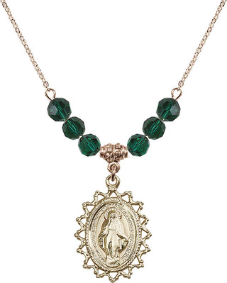 18" Hamilton Gold Plated Necklace with 4mm Emerald Crystal Beads featuring a 14kt Gold Filled Miraculous Medal.