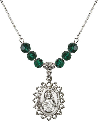 18" Rhodium Plated Necklace with 4mm Emerald Crystal Beads featuring a Sterling Silver Scapular Medal.