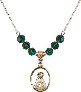 18" Hamilton Gold Plated Necklace with 4mm Emerald Crystal Beads featuring a 14kt Gold Filled Madonna Medal.