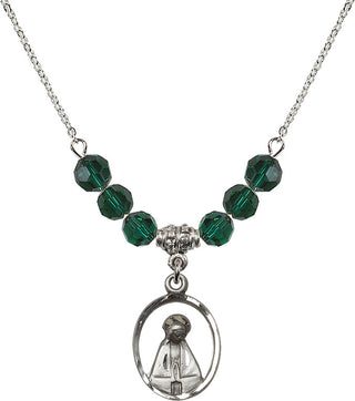18" Rhodium Plated Necklace with 4mm Emerald Crystal Beads featuring a Sterling Silver Madonna Medal.