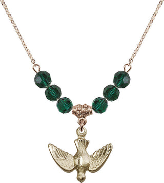 18" Hamilton Gold Plated Necklace with 4mm Emerald Crystal Beads featuring a 14kt Gold Filled Holy Spirit Medal.