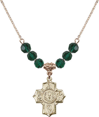 18" Hamilton Gold Plated Necklace with 4mm Emerald Crystal Beads featuring a 14kt Gold Filled Communion/5-Way Medal.