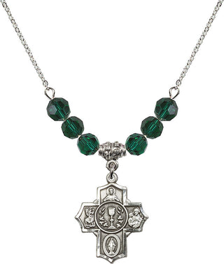 18" Rhodium Plated Necklace with 4mm Emerald Crystal Beads featuring a Sterling Silver Communion/5-Way Medal.