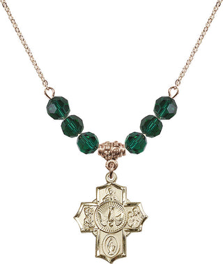 18" Hamilton Gold Plated Necklace with 4mm Emerald Crystal Beads featuring a 14kt Gold Filled 5-Way Medal.