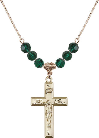 18" Hamilton Gold Plated Necklace with 4mm Emerald Crystal Beads featuring a 14kt Gold Filled Crucifix Medal.