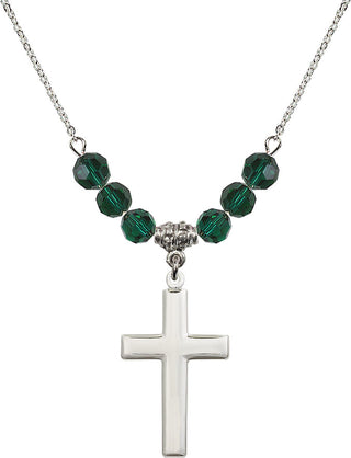 18" Rhodium Plated Necklace with 4mm Emerald Crystal Beads featuring a Sterling Silver Cross Medal.