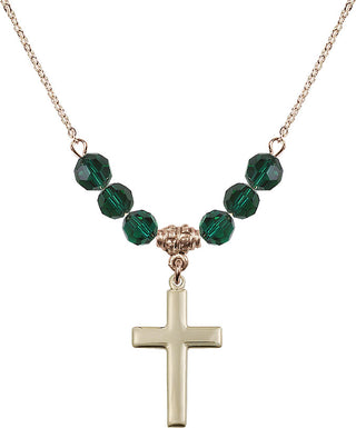 18" Hamilton Gold Plated Necklace with 4mm Emerald Crystal Beads featuring a 14kt Gold Filled Cross Medal.