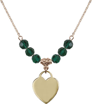 18" Hamilton Gold Plated Necklace with 4mm Emerald Crystal Beads featuring a 14kt Gold Filled Heart Medal. Engraved Catholic Saint Jewelry