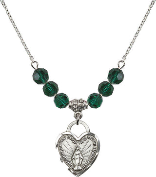 18" Rhodium Plated Necklace with 4mm Emerald Crystal Beads featuring a Sterling Silver Miraculous Heart Medal. Engraved Catholic Saint Jewelry