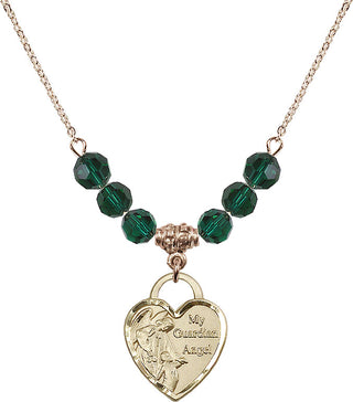 18" Hamilton Gold Plated Necklace with 4mm Emerald Crystal Beads featuring a 14kt Gold Filled Guardian Angel Heart Medal. Engraved Catholic Saint Jewelry