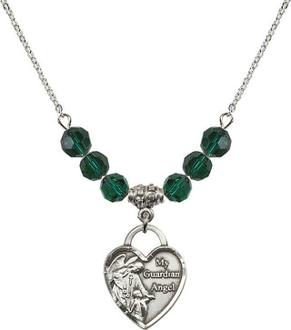 18" Rhodium Plated Necklace with 4mm Emerald Crystal Beads featuring a Sterling Silver Guardian Angel Heart Medal. Engraved Catholic Saint Jewelry