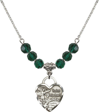 18" Rhodium Plated Necklace with 4mm Emerald Crystal Beads featuring a Sterling Silver Saint Michael the Archangel Medal. Engraved Catholic Saint Jewelry