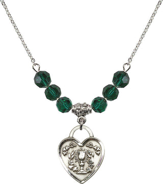 18" Rhodium Plated Necklace with 4mm Emerald Crystal Beads featuring a Sterling Silver Communion Heart Medal. Engraved Catholic Saint Jewelry
