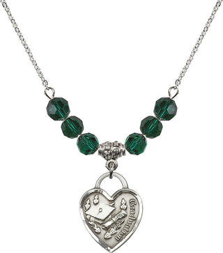 18" Rhodium Plated Necklace with 4mm Emerald Crystal Beads featuring a Sterling Silver Graduation Heart Medal. Engraved Catholic Saint Jewelry