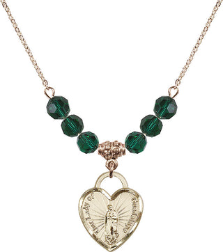 18" Hamilton Gold Plated Necklace with 4mm Emerald Crystal Beads featuring a 14kt Gold Filled Our Lady Guadalupe Heart / Recuerdo Medal.