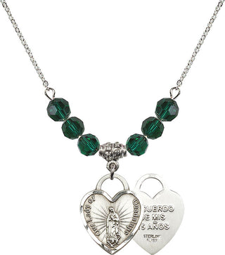 18" Rhodium Plated Necklace with 4mm Emerald Crystal Beads featuring a Sterling Silver Our Lady Guadalupe Heart / Recuerdo Medal.