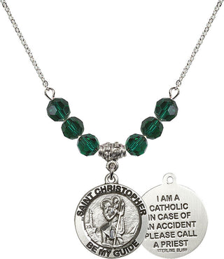 18" Rhodium Plated Necklace with 4mm Emerald Crystal Beads featuring a Sterling Silver Saint Christopher Medal.