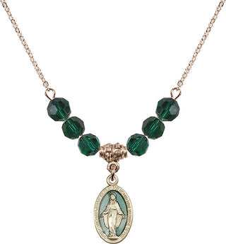 18" Hamilton Gold Plated Necklace with 4mm Emerald Crystal Beads featuring a 14kt Gold Filled Miraculous Medal.